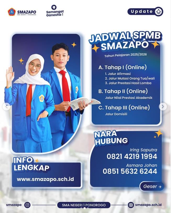 Poster jadwal SPMB SMA Negeri 1 Ponorogo Tahun Pelajaran 2025/2026.